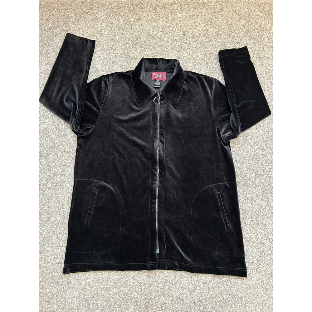 Y2K Denim & Co Velour Jacket Womens XL Black Excellent Zip Up Collared A42665